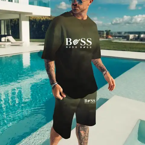 Boss 3D-printade herrset sommar kortärmade t-shirts shorts 2 st kostymer herrmode t-shirt streetwear herrkläder 10 best sales chefs träningsoverall - №2