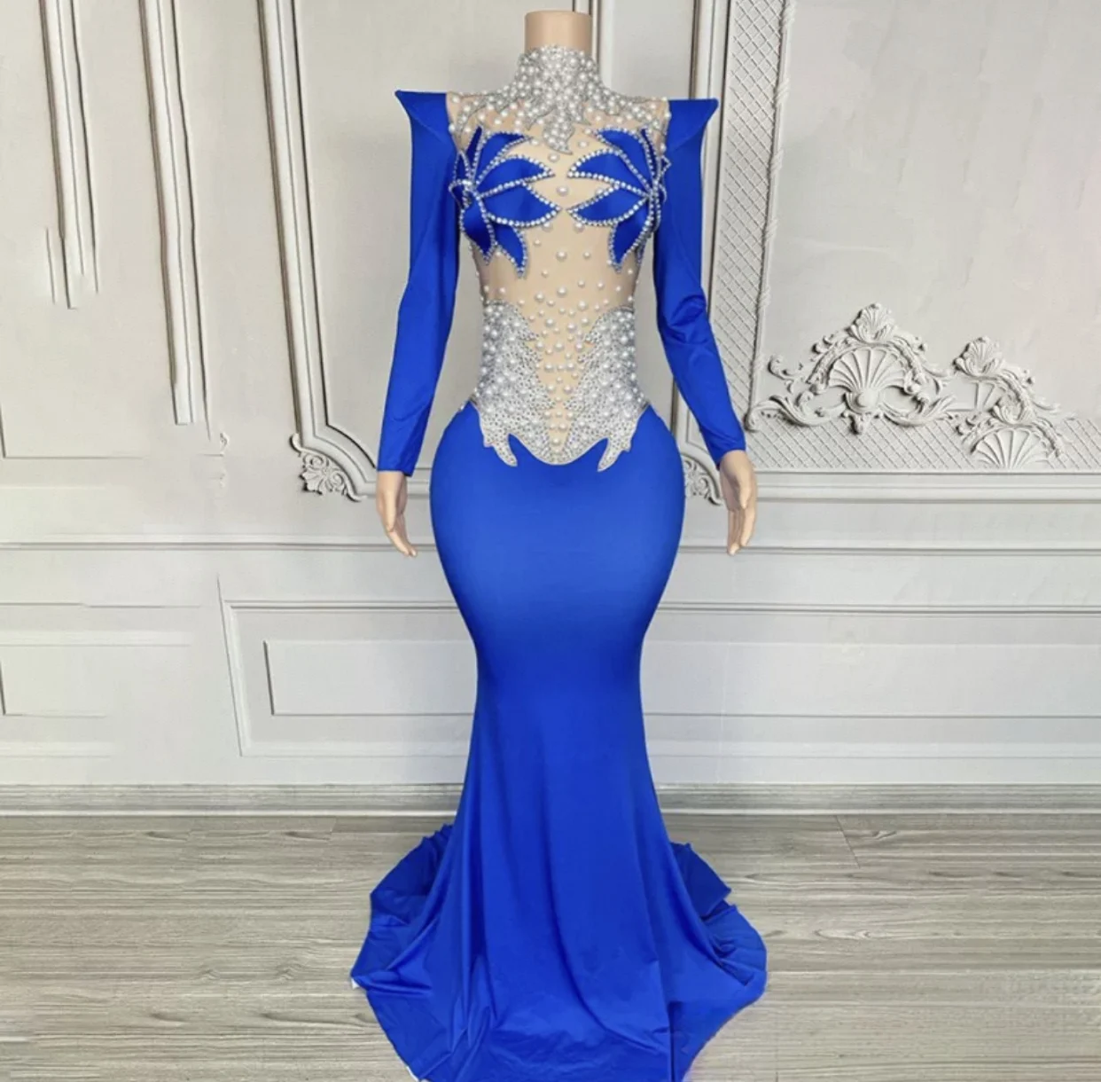 Luxo brilhante diamantes pérola branco ver através de malha vestido longo feminino festa de casamento à noite palco desempenho photoshoot vestido