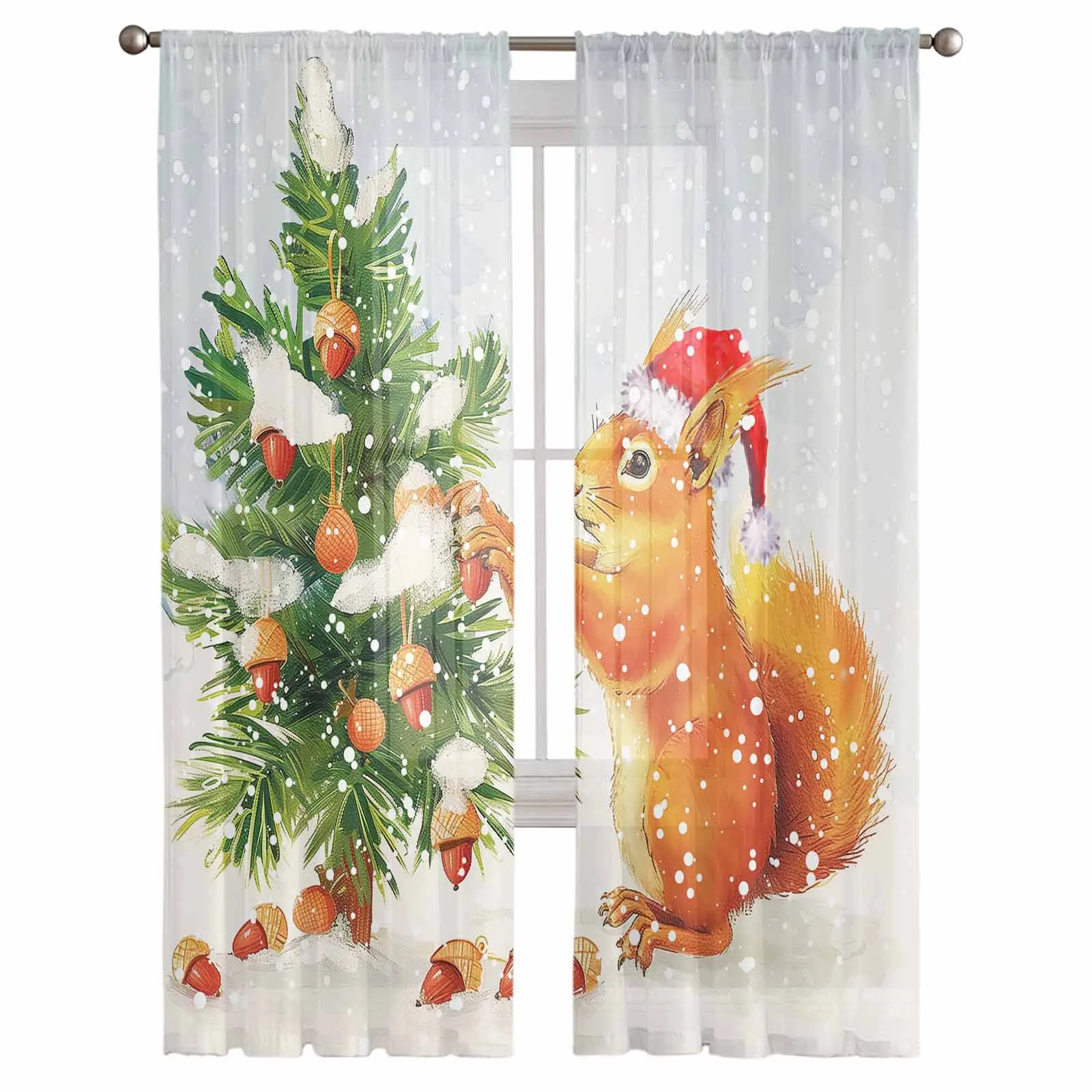 Christmas Tree Squirrel Snowflake Watercolor Sheer Curtains for Living Room Bedroom Home Coffee Decor Chiffon Tulle Curtains