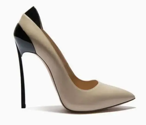 

Абрикосовые черные кожаные туфли-лодочки на каблуке в стиле пэчворк, женские пикантные свадебные туфли без шнуровки на металлическом высоком каблуке разного цвета с острым носком