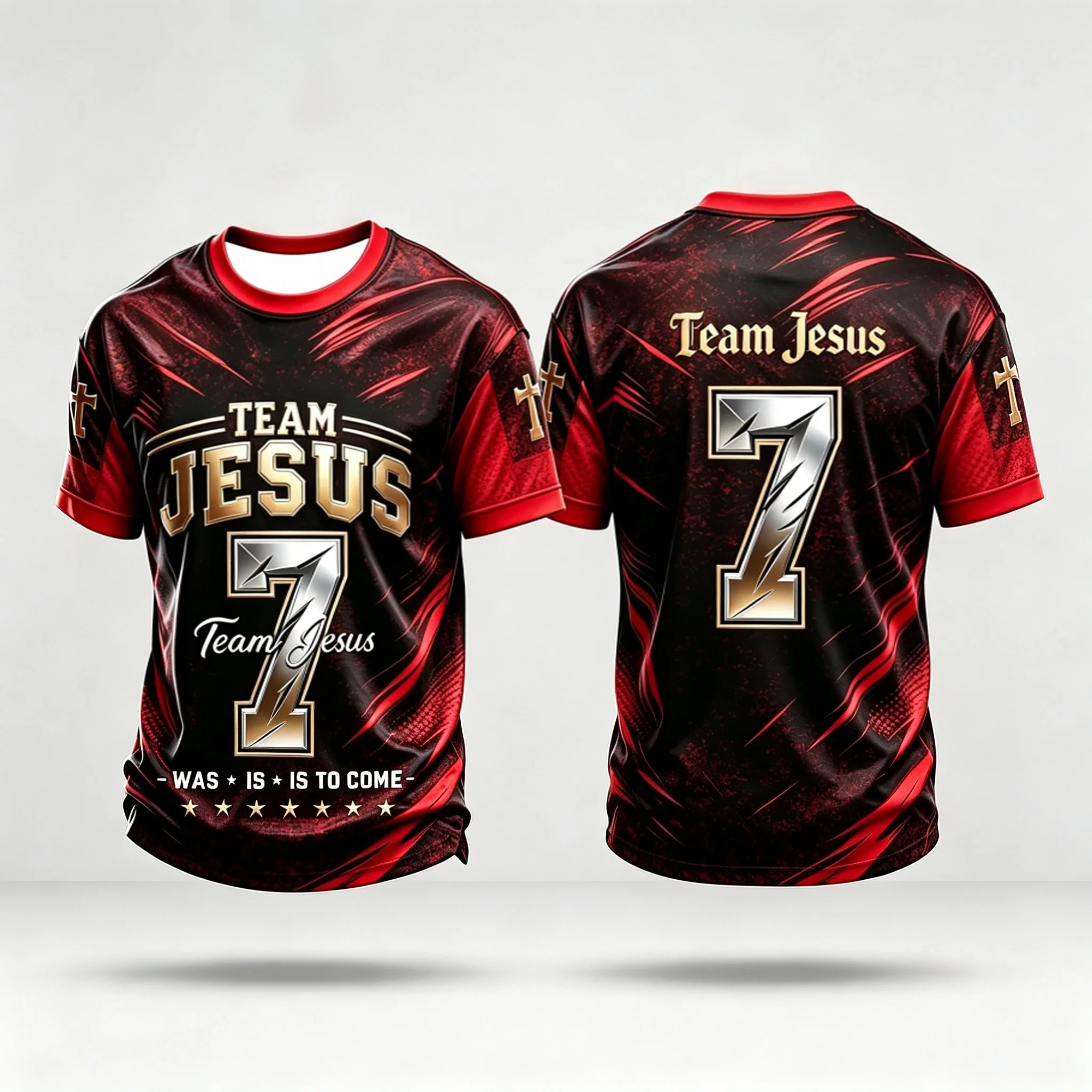 Red Black Contrast Dynamic Line Team Jesus No.7 Fan Jersey, Multi-color Unisex Short Sleeve For Outdoor Casual Training
