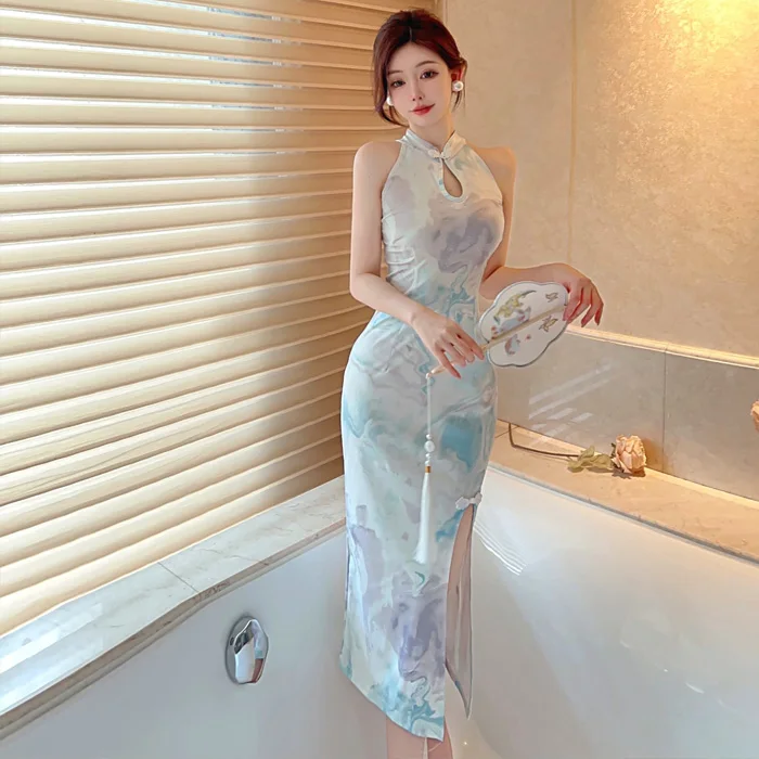 

Ele Утягивающее Ципао средней длины с воротником-стойкой и пуговицами от Gege Home, винтажный цветочный принт для женщин