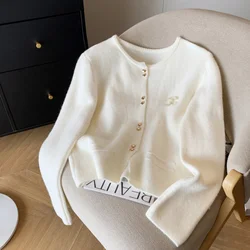 Women Clothing Vintage Knitting Sweater Pink Cardigan Jacket White Long Sleeve Round Neck Fashion 2024 NEW Female Winter Tops