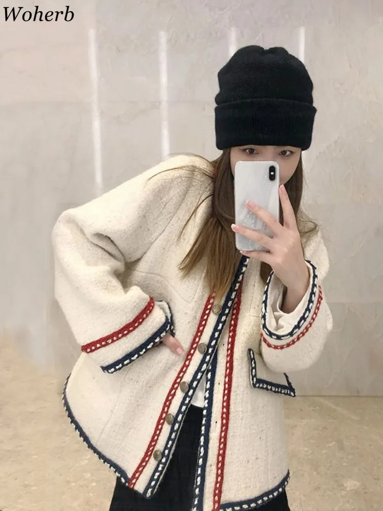 Autumn Fashion Patchwork Women Tweed Jacket 2024 Ropa Mujer Temperament Loose Tops O-neck Long Sleeve Chic Coat Korean Clothes