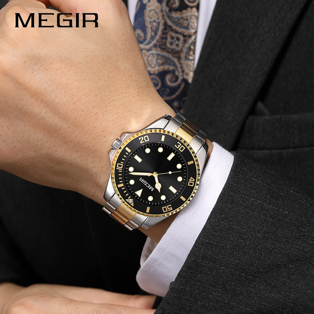 MEGIR العلامة التجارية أزياء الرجال كوارتز ساعة الصلب حزام عرض التقويم الساعات الكلاسيكية رجل فاخر للماء ساعة اليد على مدار الساعة