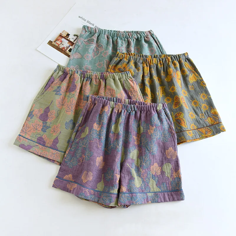 2026 Japanese Summer New Women's Shorts 100% Cotton Vintage Yarn Weaving Printed Sleepwear Thin Loose Pocket Shorts Home Pants