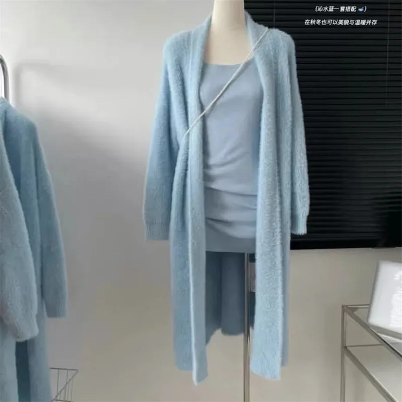 Soft and Sticky Sweater Jacket for Women in Autumn and Winter Lazy and Retro Blue Mohair Knitted Cardigan Medium to Long Coat WF