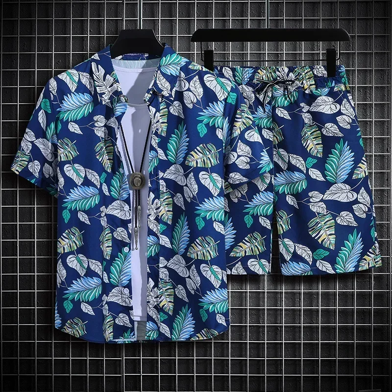 Summer Short Sleeve Flower Shirt Men\'s Beach Sets Hawaiian Island Style Retro Handsome Casual Thin Shirt Hawaiian Shirt