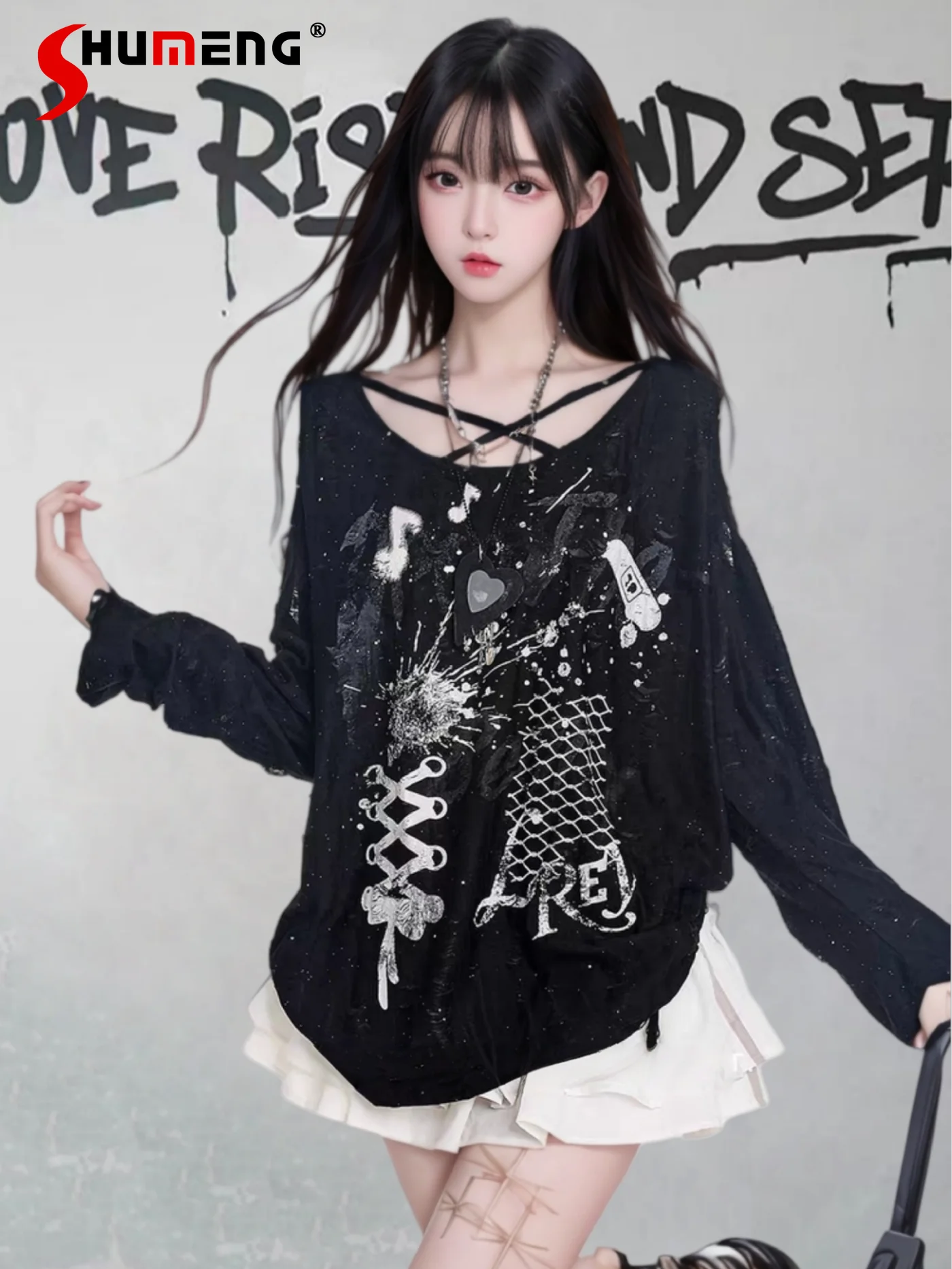 

American Sweet Cool Subculture Fashion Print Off-Shoulder Long Sleeve T-Shirt Women Autumn Loose Casual Lace-up Hot Girl Y2K Top
