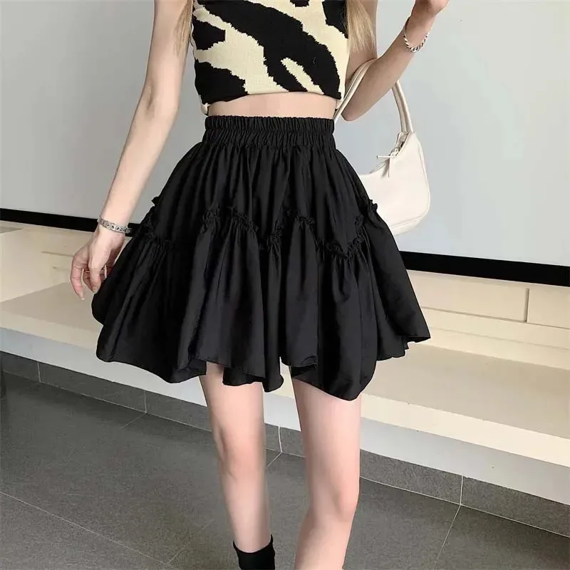 White Women Cake Skirt High Waist Thin Retro A-line Skirts Sweet Lovely Spring Summer Preppy Style Balck Mini Skirt