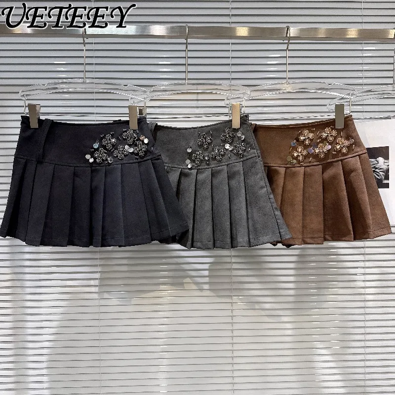 

Autumn New Retro Sequin Beaded Design Matte PU Leather Pleated Short Skirt Sweet Temperament High Waist Mini Skirt for Girls