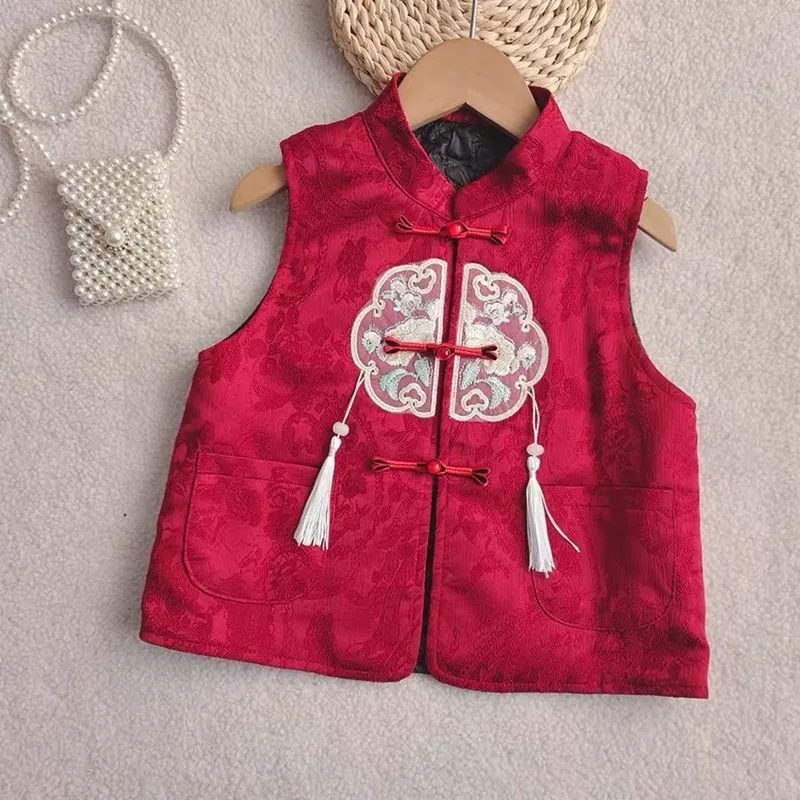

Girls' New Chinese style Ancient Vest Children's Red New Year's Clothing Kids' Plate Button Embroidered Tang Costume Vest LJ370