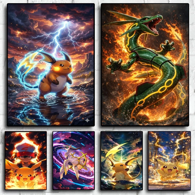 Print on Diamond Pokemon Pictures Pikachu Hanging Spray Painting Kids Action Figures Gifts Wall Art Home Room Aesthetic Poster