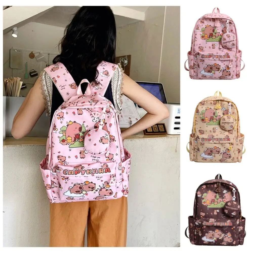 

Multi-Compartment Capybara Backpack Large Capacity Waterproof Cartoon Animal School Bag Wide Straps with Small Bag