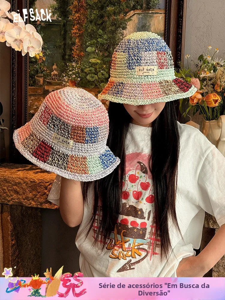カラフルな手編み麦わら帽子-ビーチバケーションスタイル-サンシェードキャップ-by-elf-sa-2026新作-夏-カジュアル-ユニセックス-ショートブリム-フィッシャーマンハット