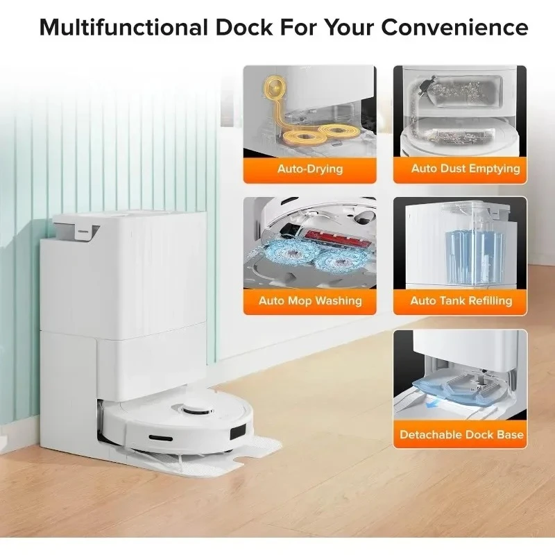 2026 robot vacuum and mop combo, automatic drying, automatic mopping with dual rotating mops, and automatic trash can emptying.