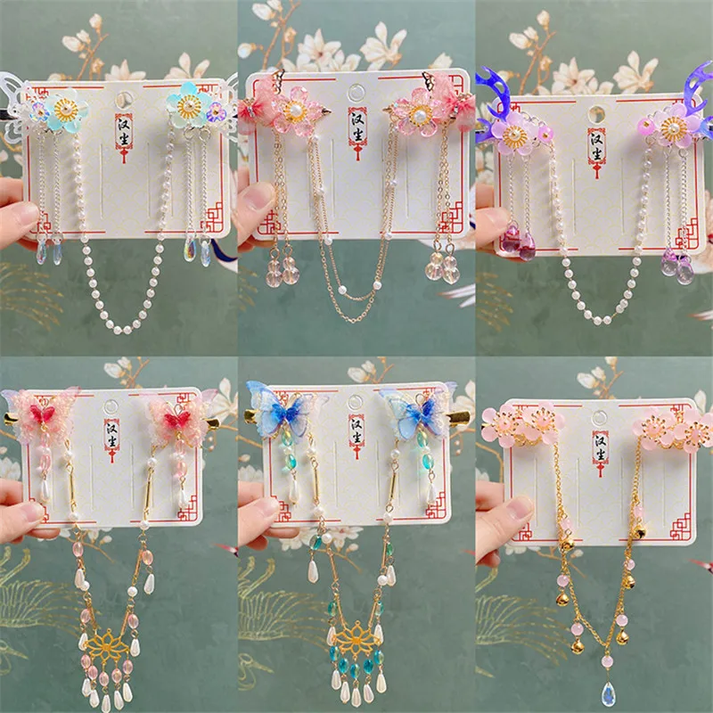 Girls Ancient Han Chinese Costume Forehead Tassel Siamesed Hairpin Women Cosplay Classical Hanfu Decor Conjoined Hair Pins Clips