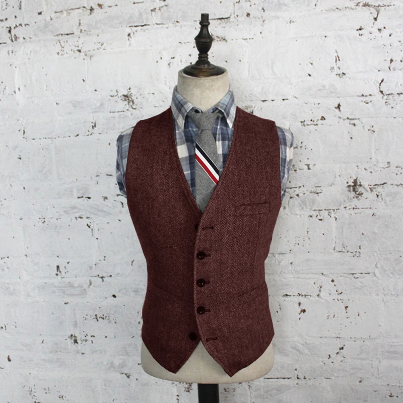 Men\'s Suit Vest Vintage Wool Herringbone Western Vest Steampunk Sleeveless Jacket colete de fato homem