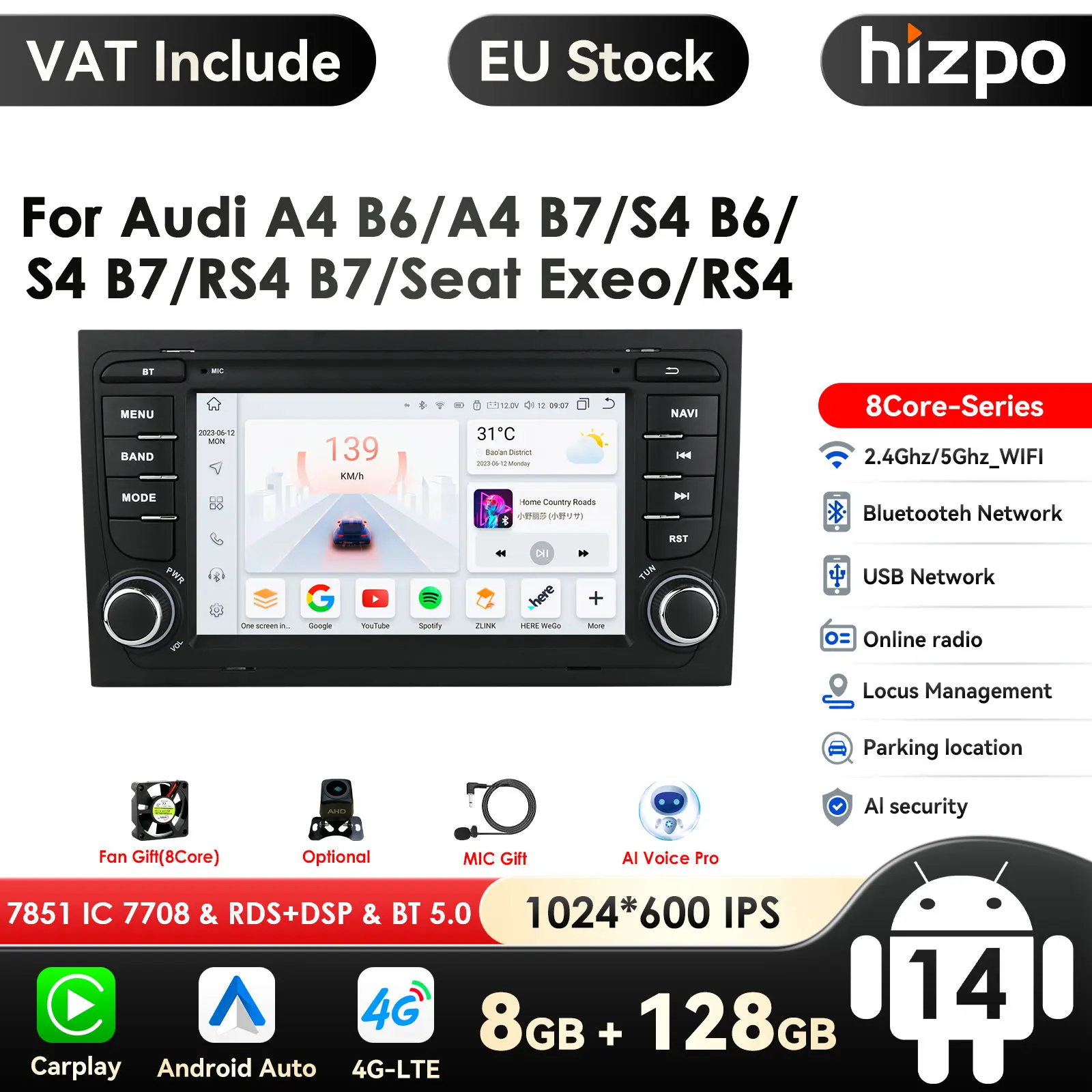 4G-LTE Carplay 7 Zoll Android Autoradio GPS für Audi A4 B9 B8 B7 B6 S4 RS4 SEAT Exeo Multimedia RDS 2 Din Autoradio Stereo Video