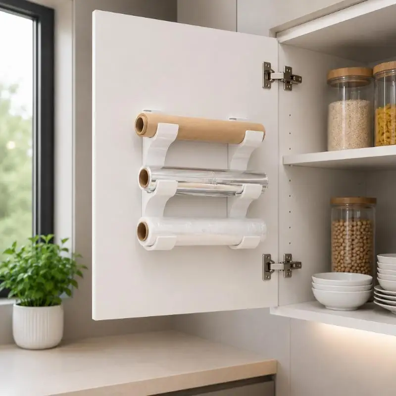 Kitchen Organizer Holder for Paper Rolls No Drilling Strong Adhesive Double-Sided Tape for Foil Wrap Towel Home Use