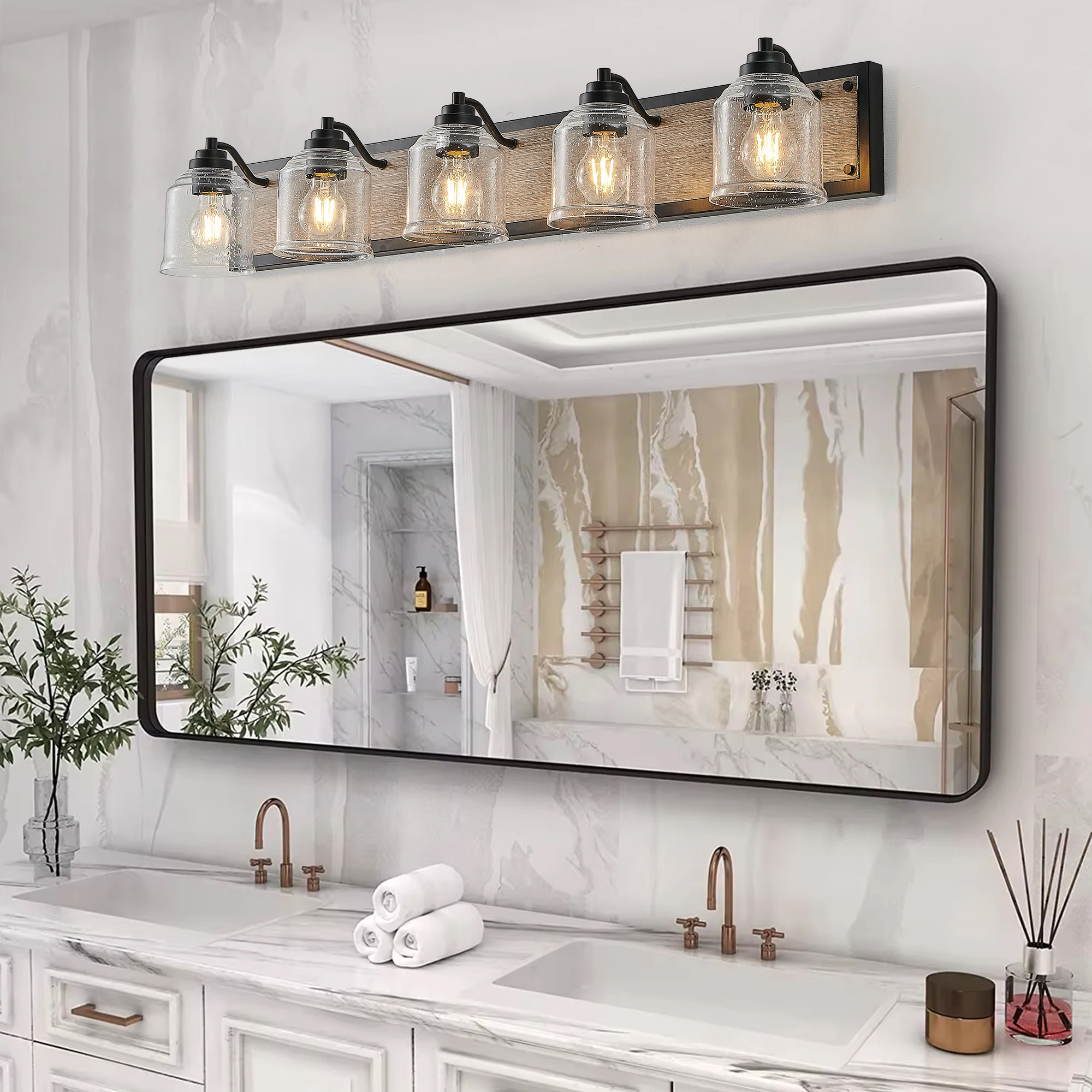 

40" Farmhouse Vanity Light Fixture, 5-Light Bathroom Wall Sconce with Clear Seeded Glass Shades, Black and Wood Grain Finish