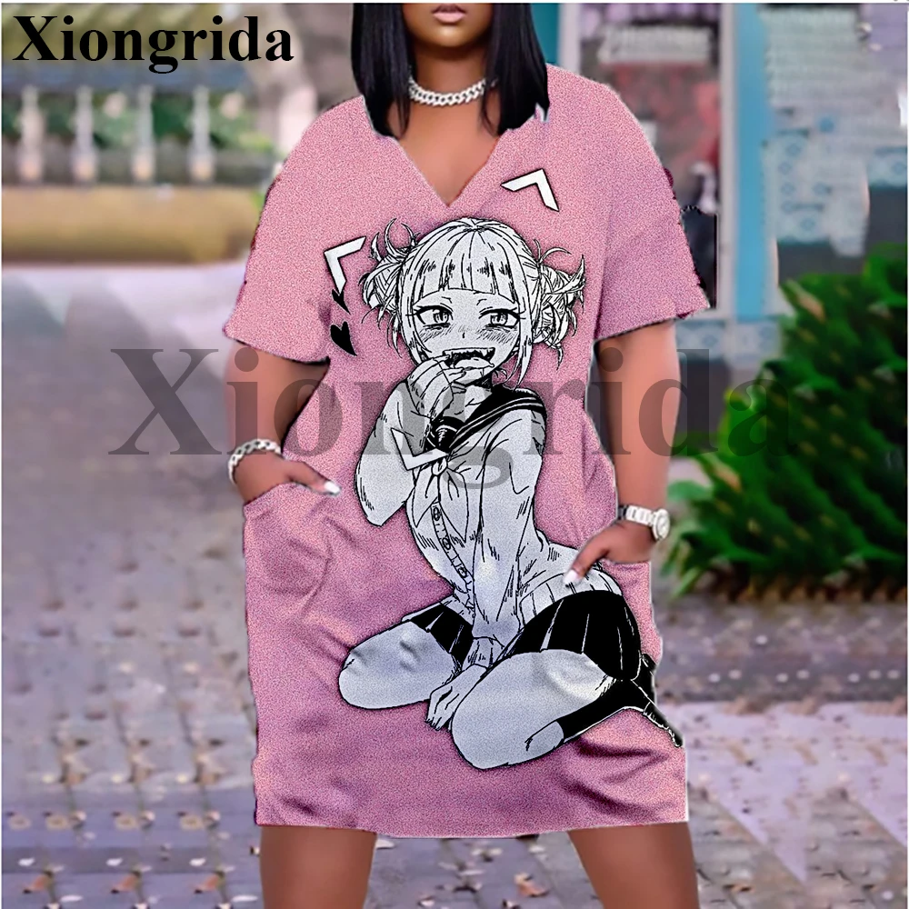 Cute Himiko Toga Graphic Printed Dress Women Anime Himiko Toga Short Sleeve T-Shirts Dress Kawaii Tees with Pockets Top