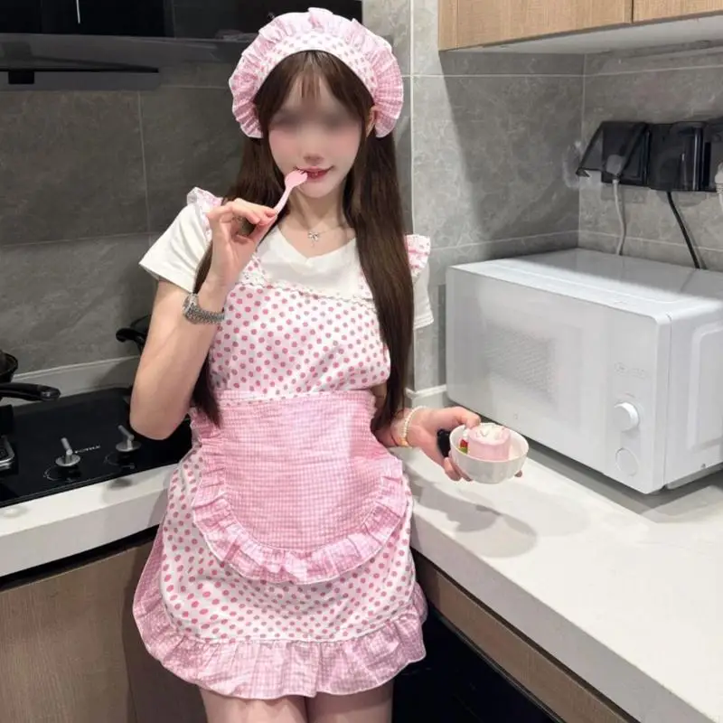 2 قطعة فستان وردي جميل على الطراز الياباني للنساء كشكش خادمة المئزر أغطية الرأس الفرنسية زي خادمة للاستخدام اليومي أو الحفلات