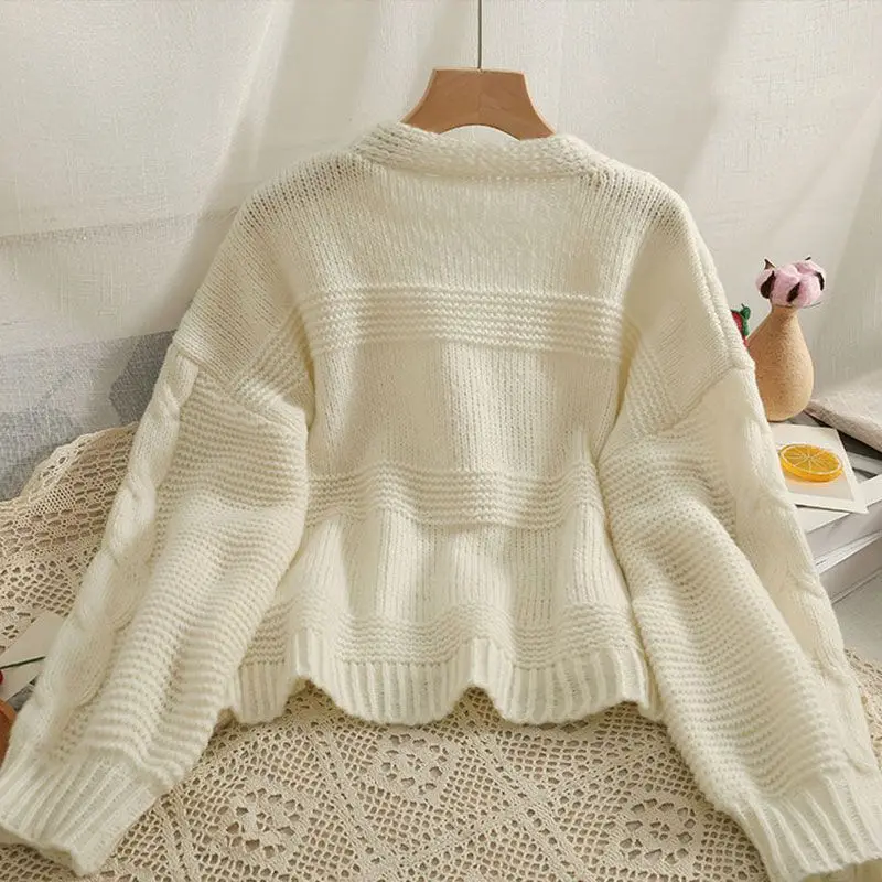 Strawberry Pink Acrylic Knit V-Neck Single Breasted Lantern Sleeve Women\'s Cardigan Thick Sweater Cardigan For Women Clothing