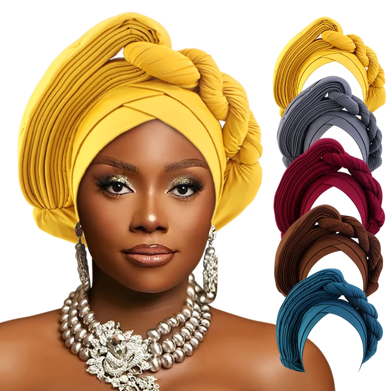 

Новый африканский головной убор, нигерийский авто гель, тюрбан, шапки, мусульманский хиджаб, женский головной убор, готовый свадебный головной убор для вечеринки