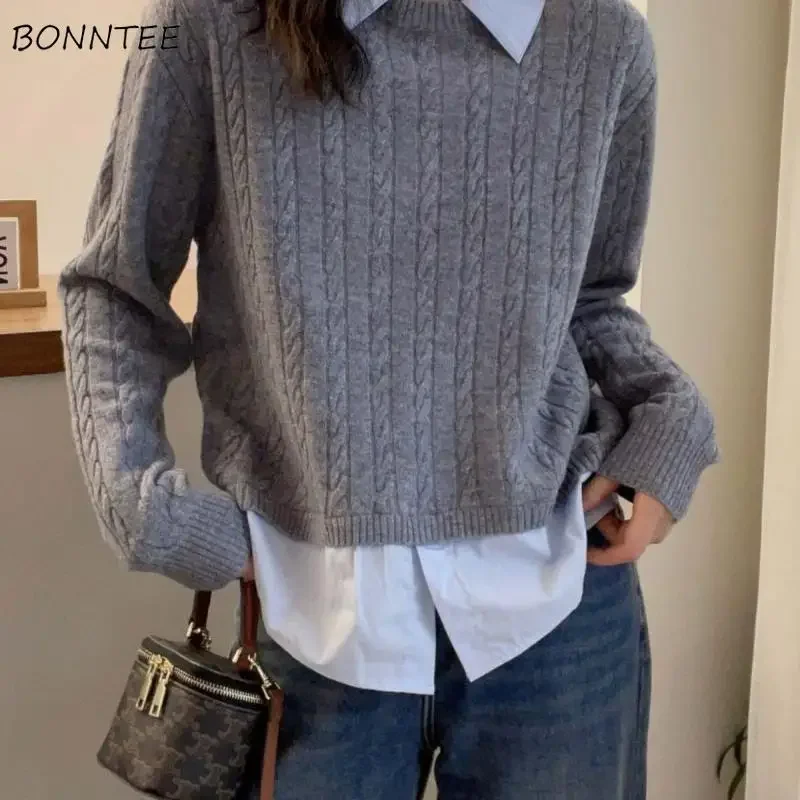 

Pullovers Women Fake Two Pieces Autumn Loose Casual Knit Design Jumpers Classic Ulzzang Stretchy Vintage Cozy Temper All-match