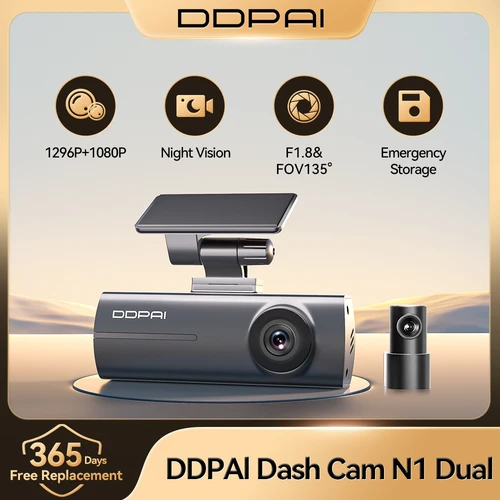 DDPAI Dash Cam N1 Grabación frontal y trasera dual NightVIS 1296P Dash Cam Grabador Coche DVR Control por aplicación