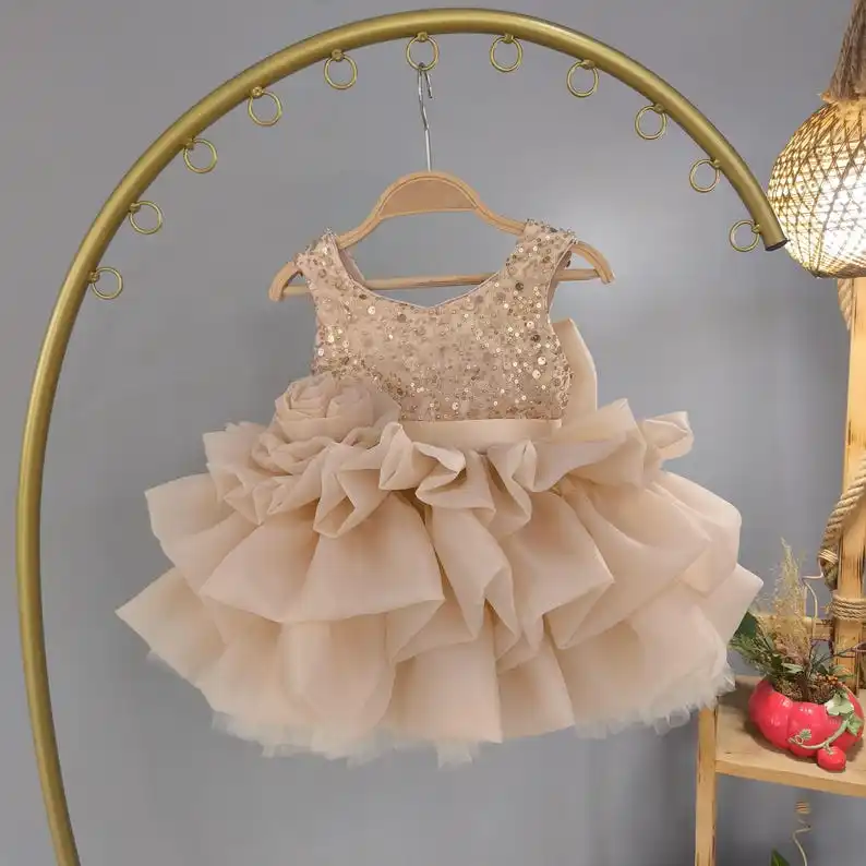 Flower Girls Dress Handmade Champagne Gold Sequin Tulle Dress: Flower Girl Outfit for Wedding Party