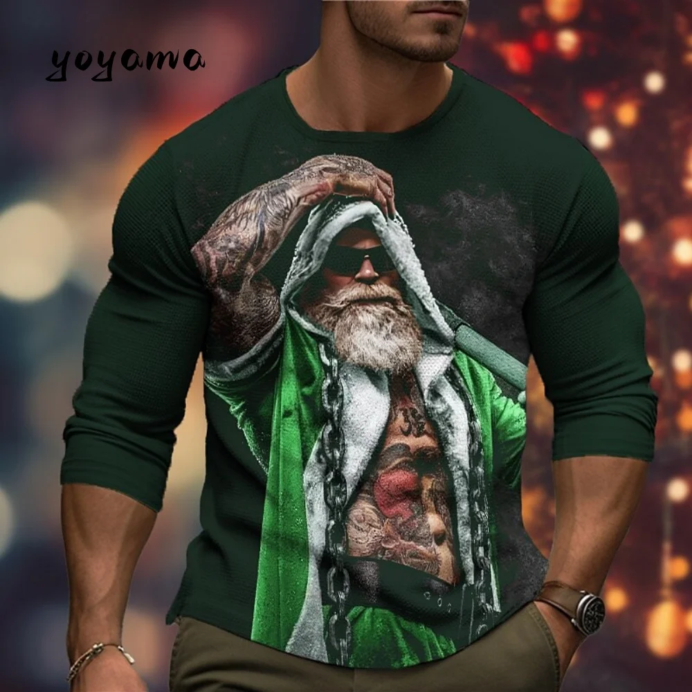 Men Long Sleeved T-Shirt 3D Print Santa Claus Pattern Autumn Christmas Theme Fashion Plus Size Men Clothing Loose O-Neck Men Top