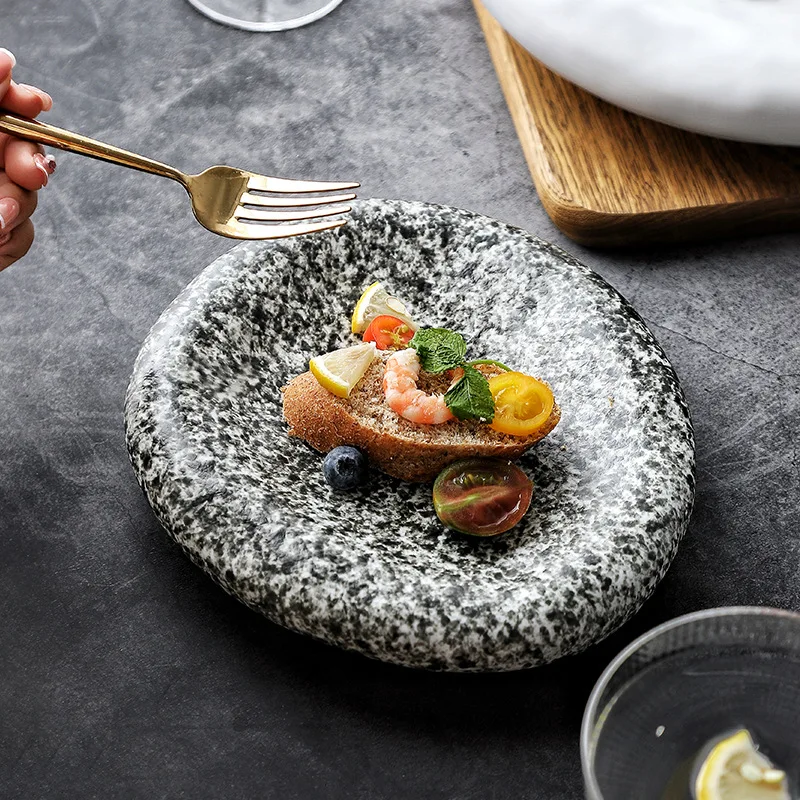 

Sushi Plate Home Dining Plate Japanese Steak Plate Creative Circular Stone Patterned Western Cuisine Plate Ceramic