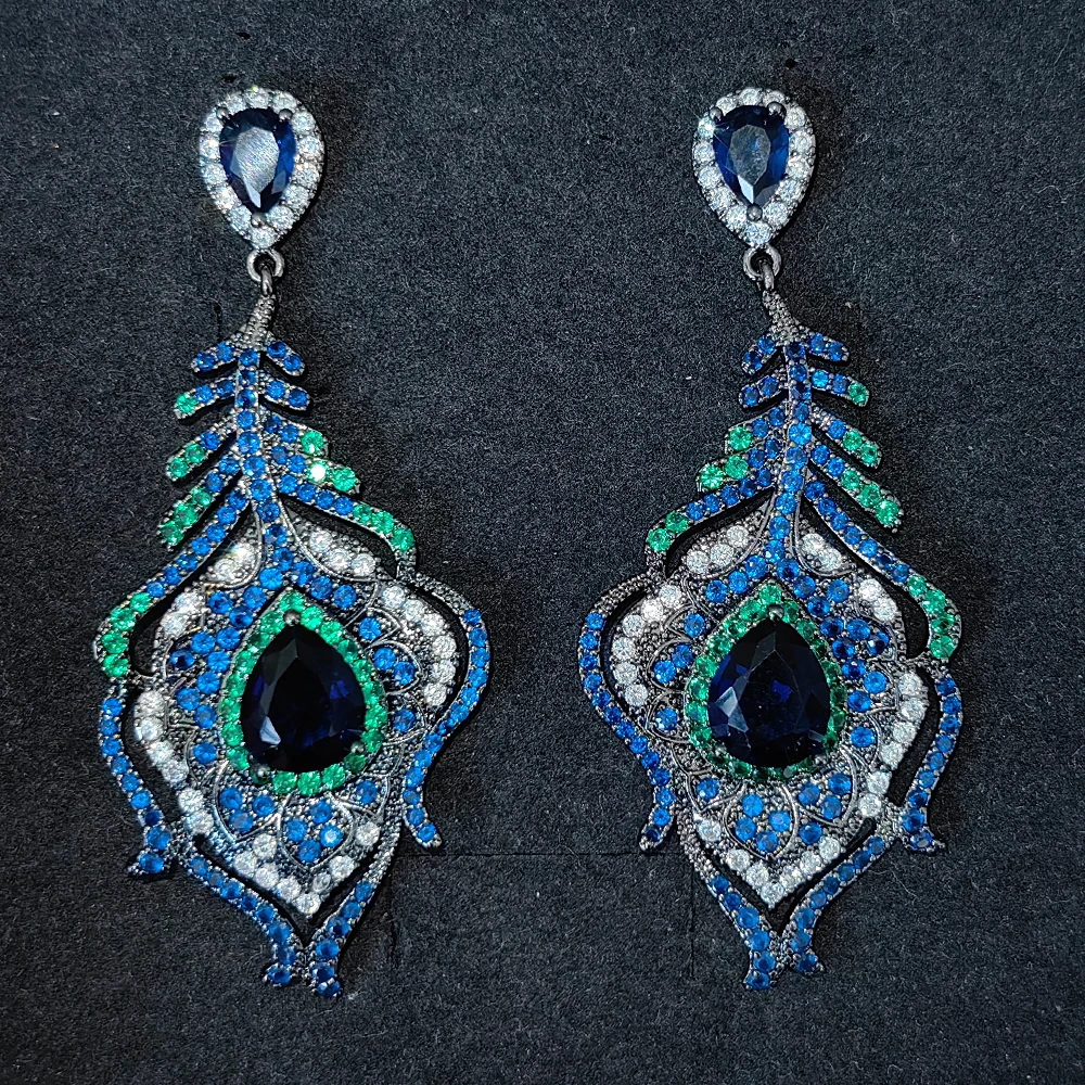 

Blue White Big Feather Earrings for Wedding Bridal Women Luxury Jewelry Evening Party Large Plant Leaf Dangle Earrings Gift