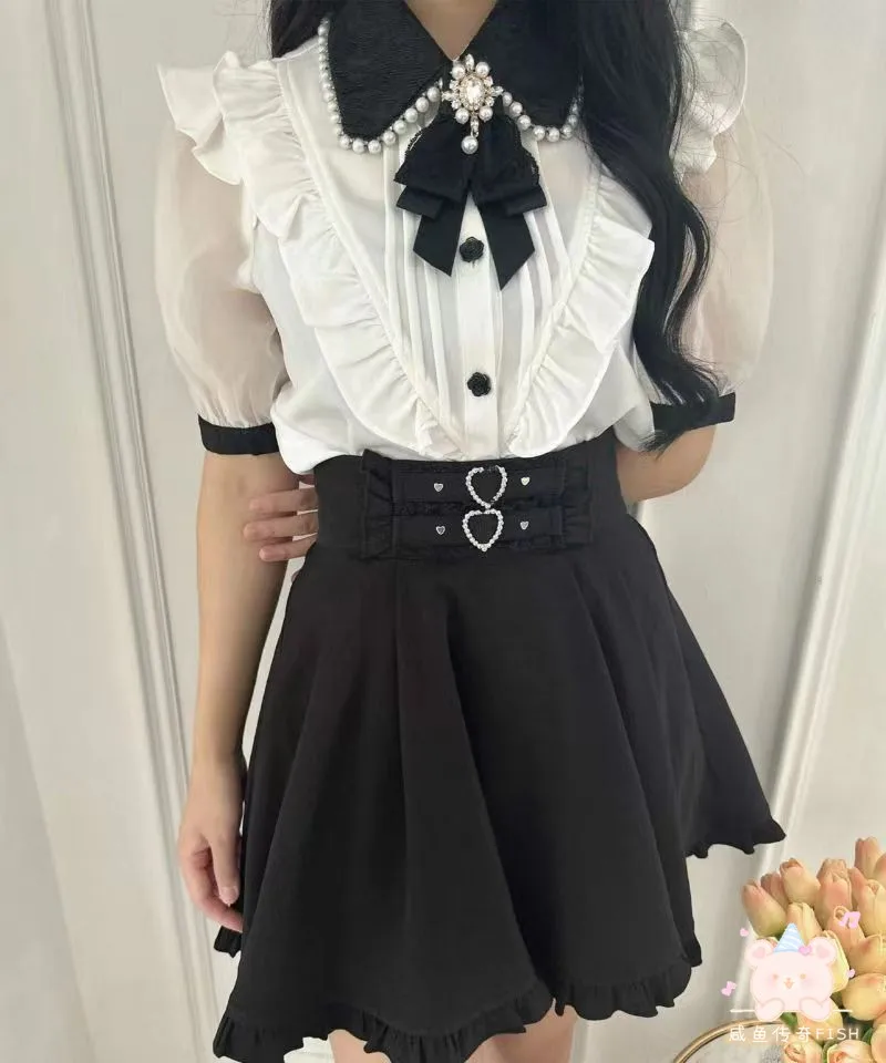 Rojita-Chemise en dentelle douce à col à revers perlé de style japonais, chemisier polyvalent produit en masse, été, manches courtes, nouvelle succession