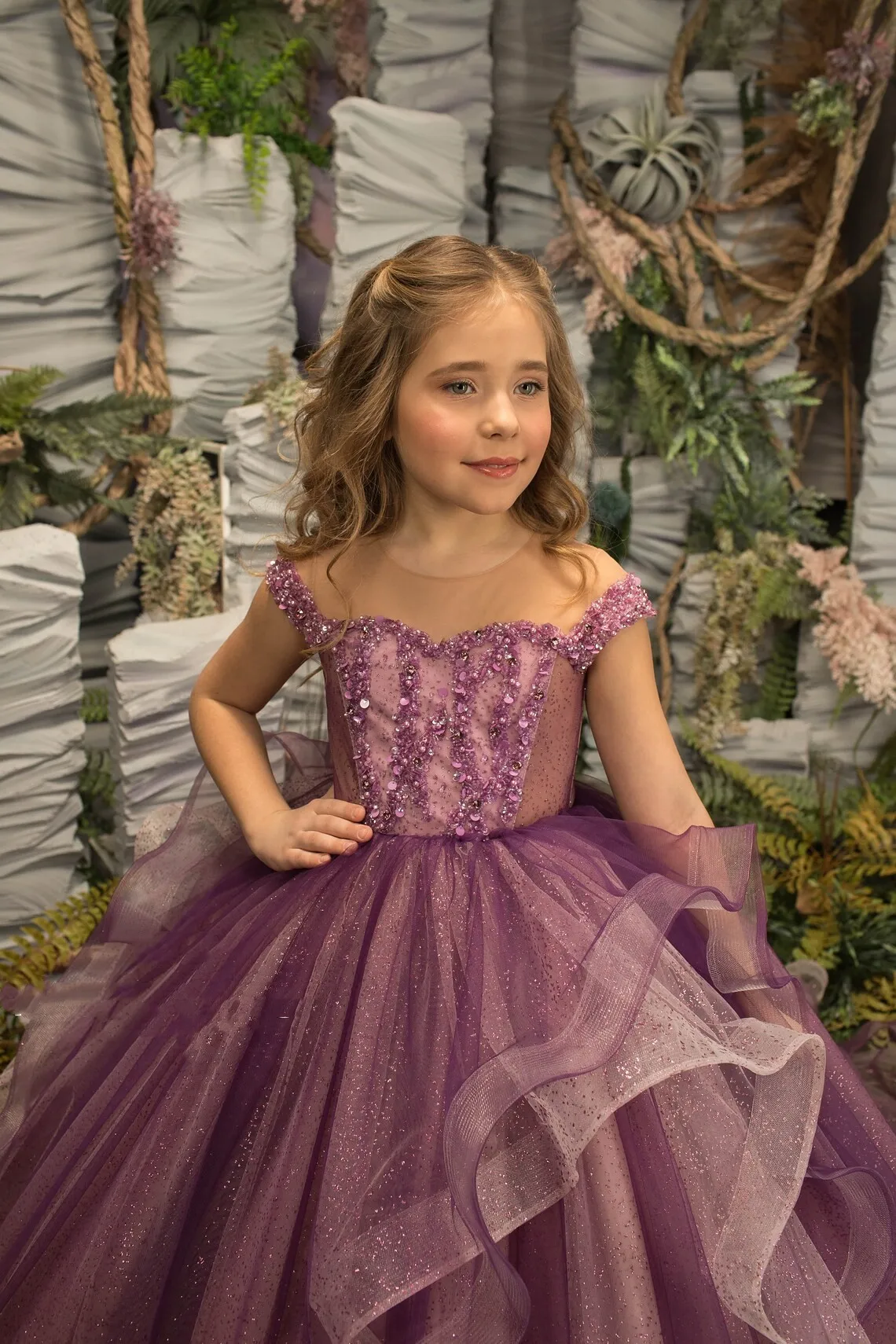 Flower Girl Dress For Wedding Purple Tulle Beading Applique Sequins Glitter Fluffy Child First Eucharistic Birthday Party Dress