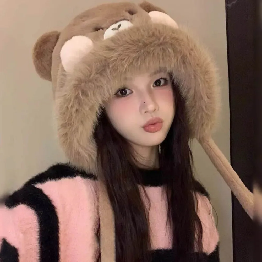 Cute Plush Winter Hats Thickened Warm Little Bear Hat Cold Resistant Windproof Basin Hat Travel