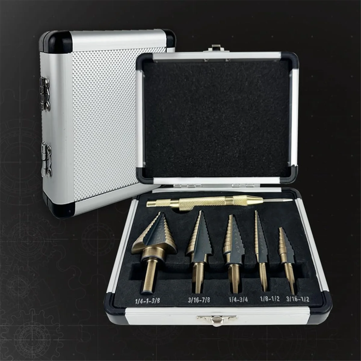 AA98 5-delige stapboren voor metaal, hout, kunststof, 50 maten Tri-Flat Shank HSS titanium stapborenset met centrale punch