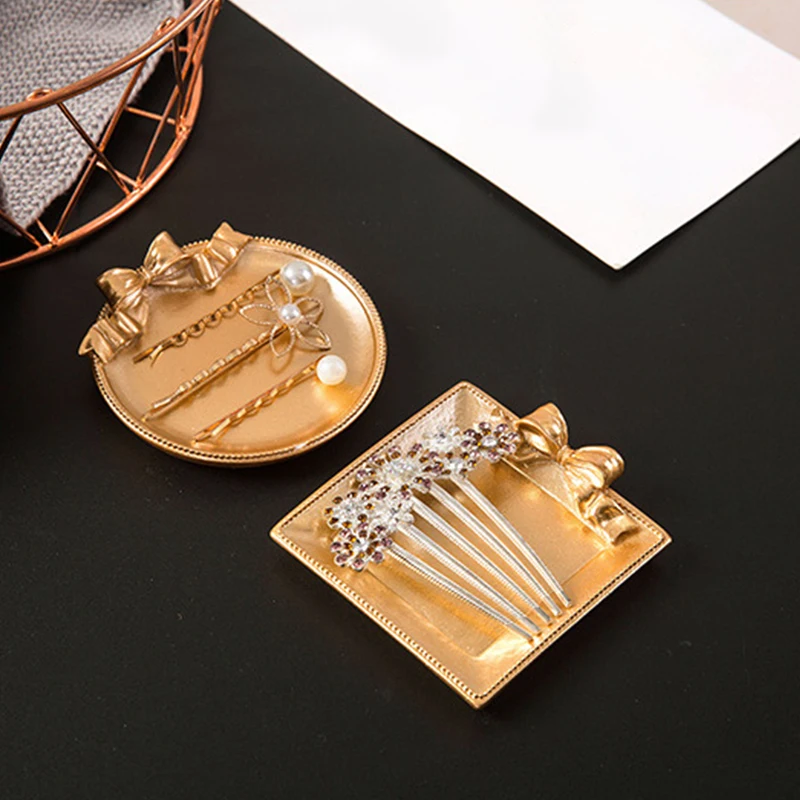 European Style Jewelry Storage Tray Gold Color Resin Trinket Dish Perfume Rings Plate Tabletop Ornament Photography Props