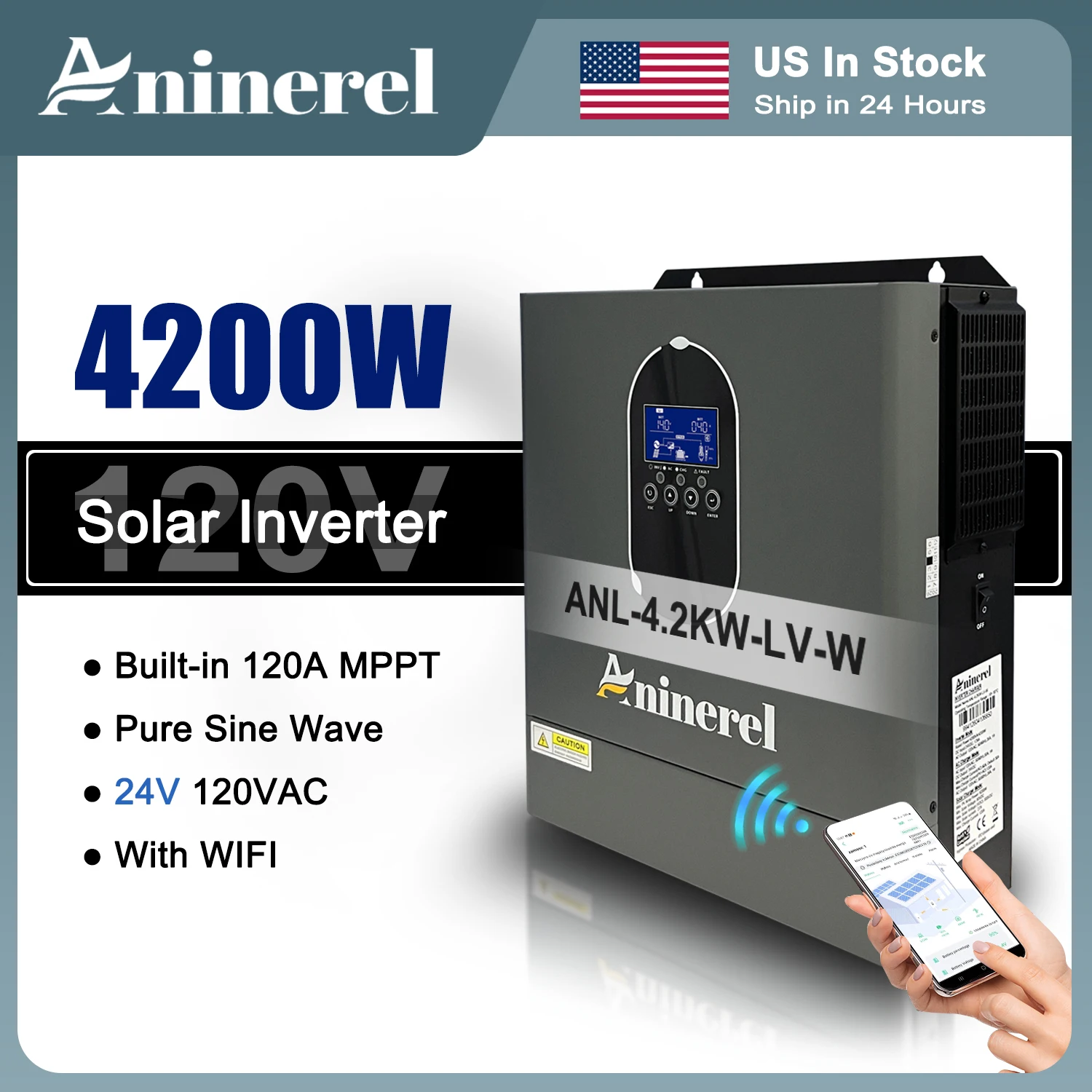 Aninerel 24V 4200W 110/120VAC Off-Grid Solar Inverter Built-in 120A MPPT Charger Controller Pure Sine Wave Home Inverter With WIFI