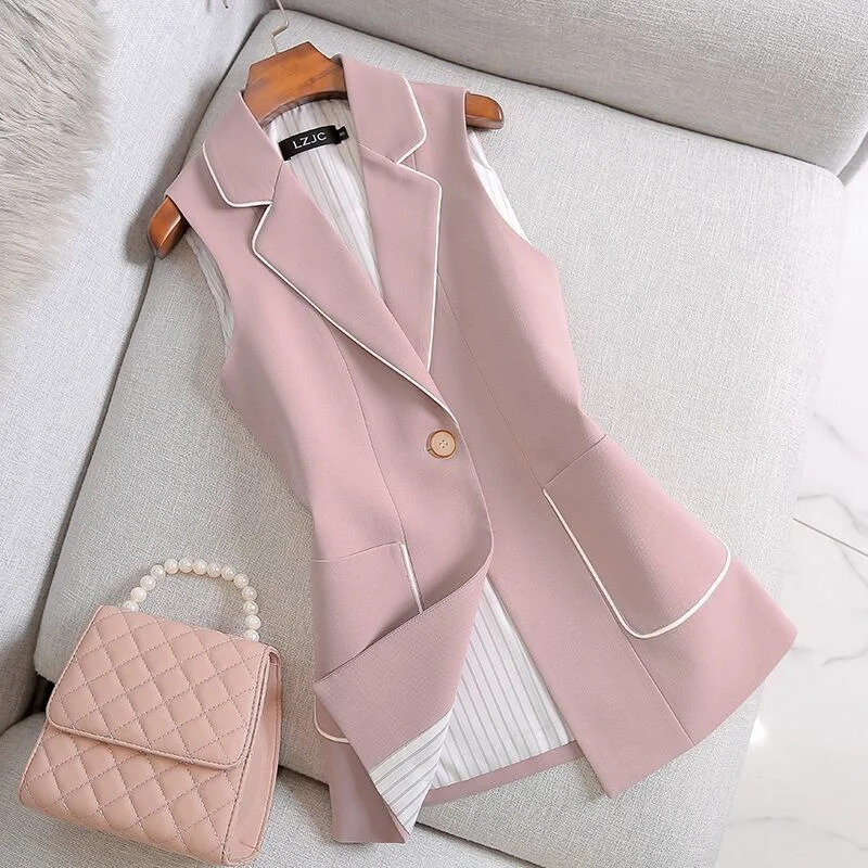 Office Lady Pocket Patchwork Suit Vest Spring Autumn New Polo Neck Sleeveless Button Slim Jacket Elegant Vintage Women Clothing