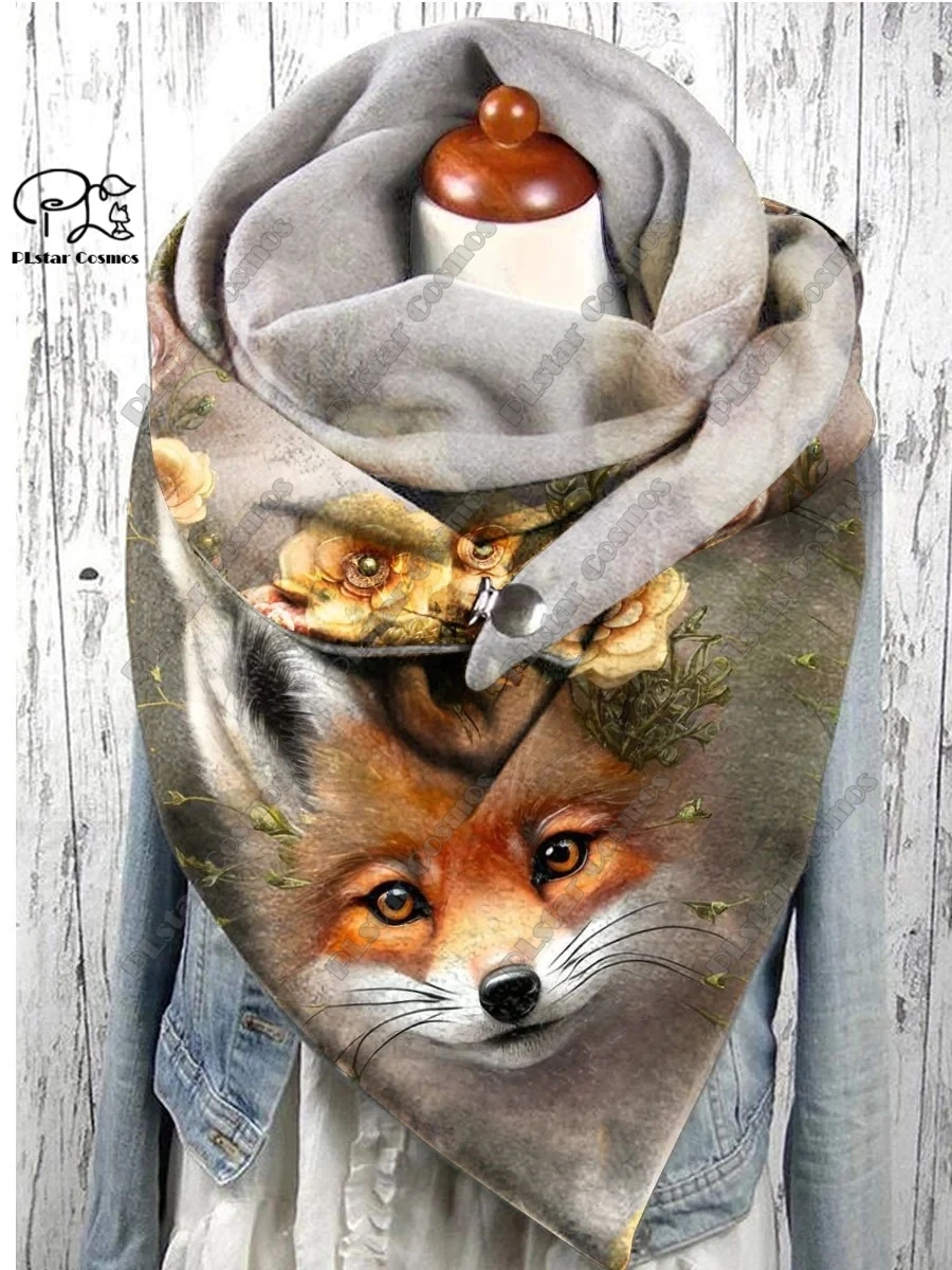 PLstar Cosmos 3D printed animal series cute fox pattern printed warm shawl scarf spring and winter large triangle scarf H-1