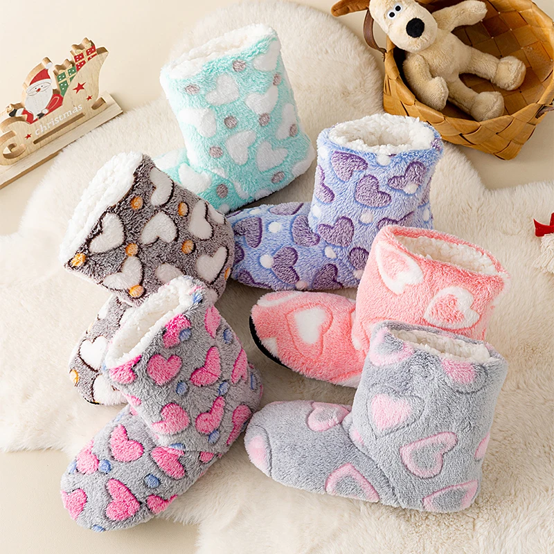 1 Pairs Women Slippers Winter Home Warm Padded Thickened Colorful Love Mid-calf Non Slip Women Floor Shoes