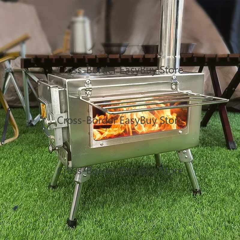 Outdoor tent stove with large mirror fire-viewing window, foldable camping smokeless wood stove, heating stove