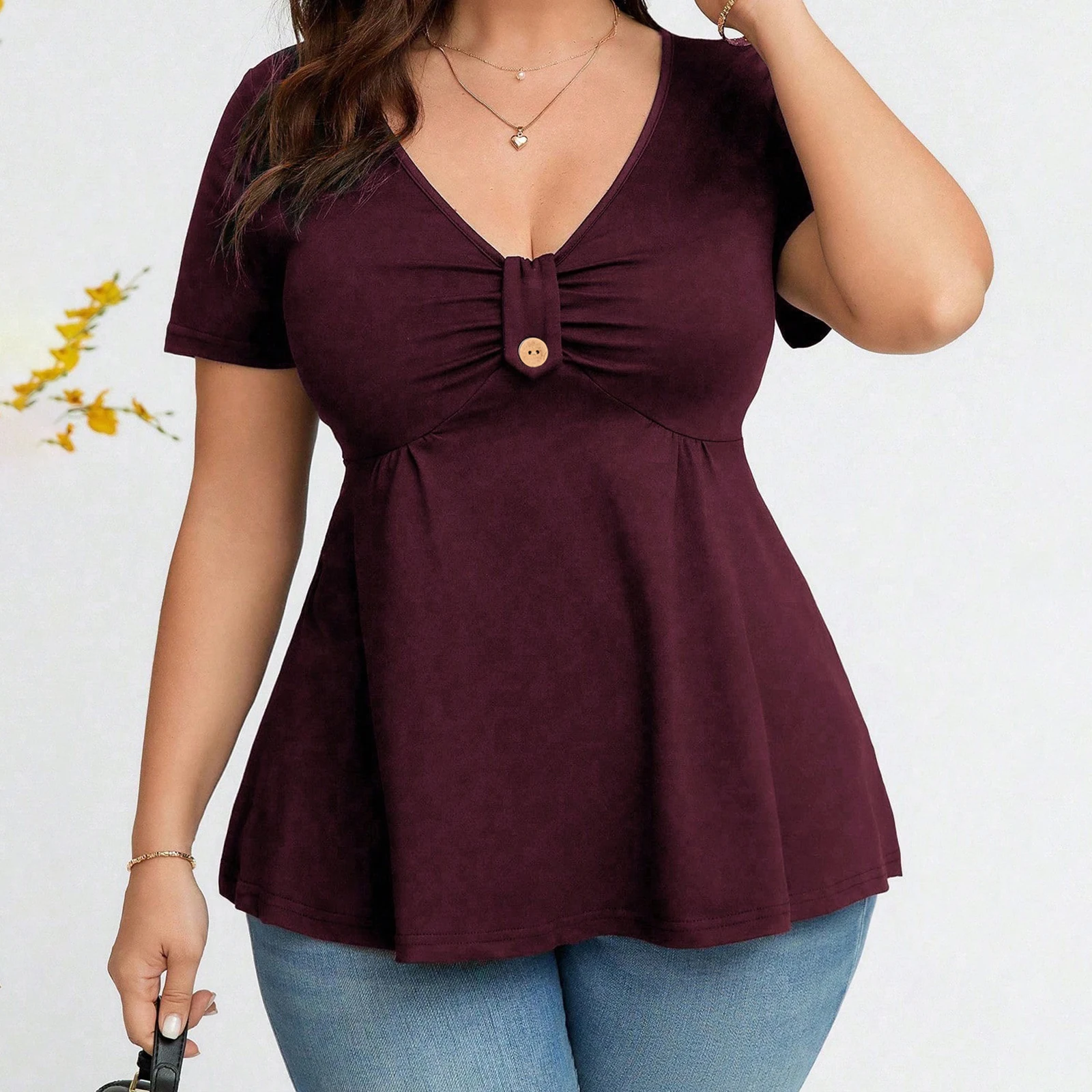 ผู้หญิง PLUS ขนาด Babydoll เสื้อสีทึบ Ruched ปุ่ม V คอสั้นแขนเสื้อ Ruffle เสื้อสบายๆฤดูร้อน Streetwear
