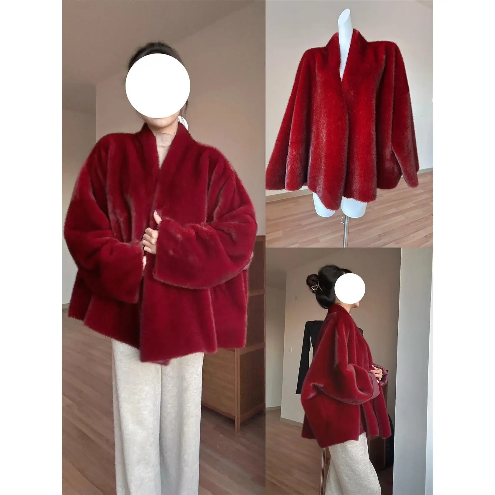 

Winter New Sle Red "Pigeon Blood" Fur Coat Wide Version Bat Sve oulder Fem Faionable Warmth V-ne Long Sve Coat