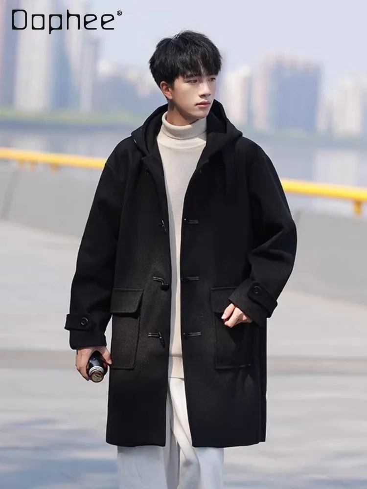 

2025 Autumn Winter Men's Mid-Length High-End Black Wool Coat Casual Loose Daily Versatile Gray Hooded Trench Coat