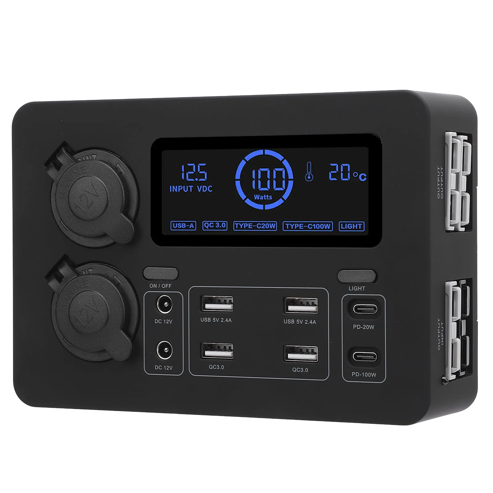 

12V Mini Power Box 100W LCD Display USB C QC3.0 Port for 4 Outlet Multifunctional for Boat RV Car Boat Mini Power Box