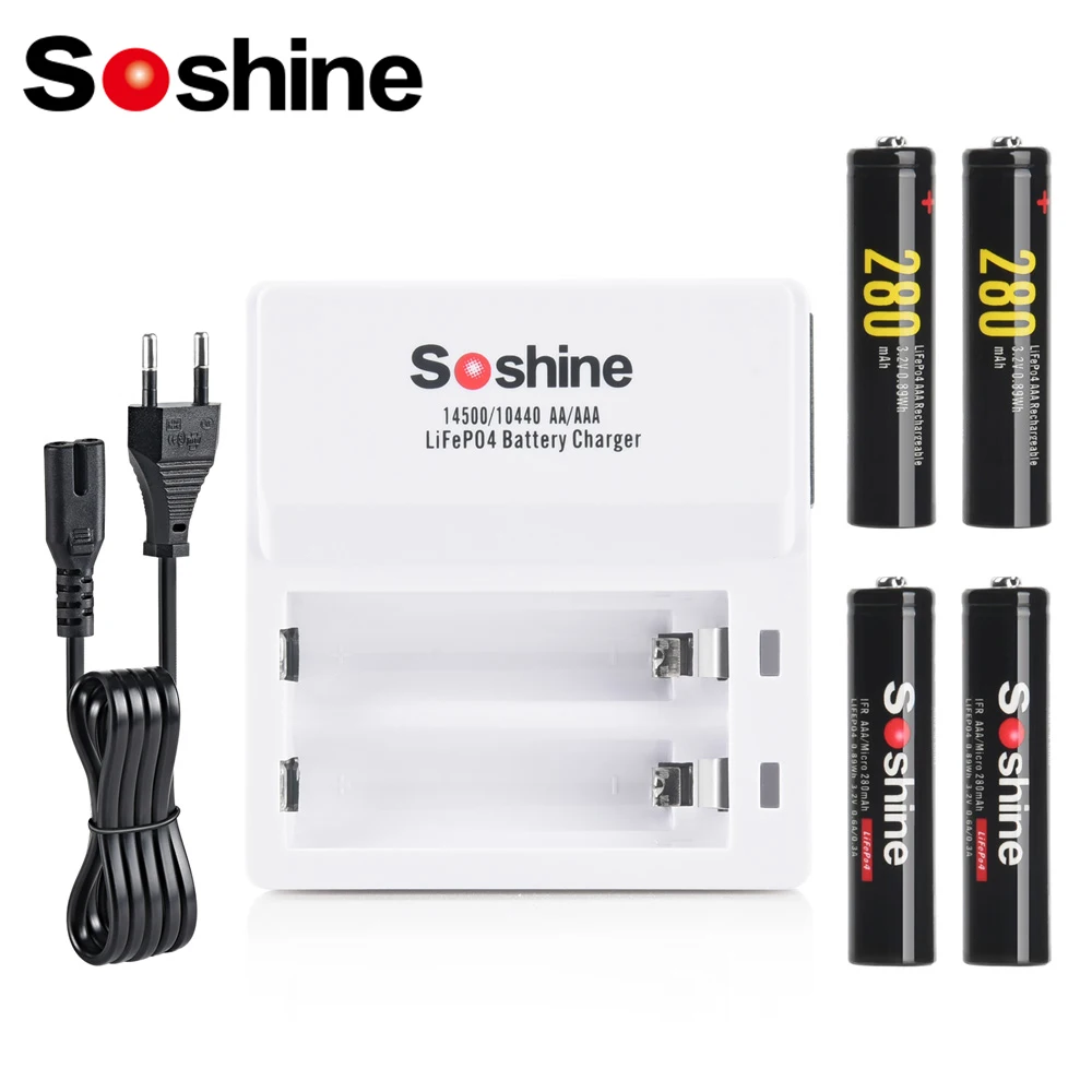 Soshine 10440 280mAh LiFePO4 Rechargeable Battery and Charger 3.2V AAA 14500 10440 Smart Battery Charger 2 Slot with US EU Cable